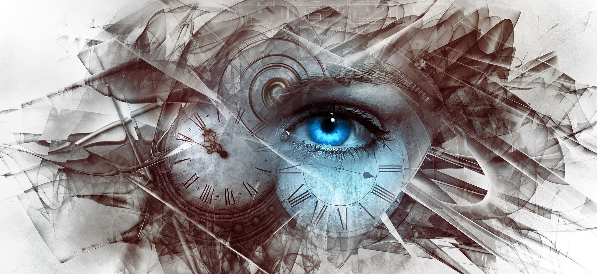 Abstract art depicting a human eye in the center of distorted clocks inferring a link to the alter conscious state of mind.