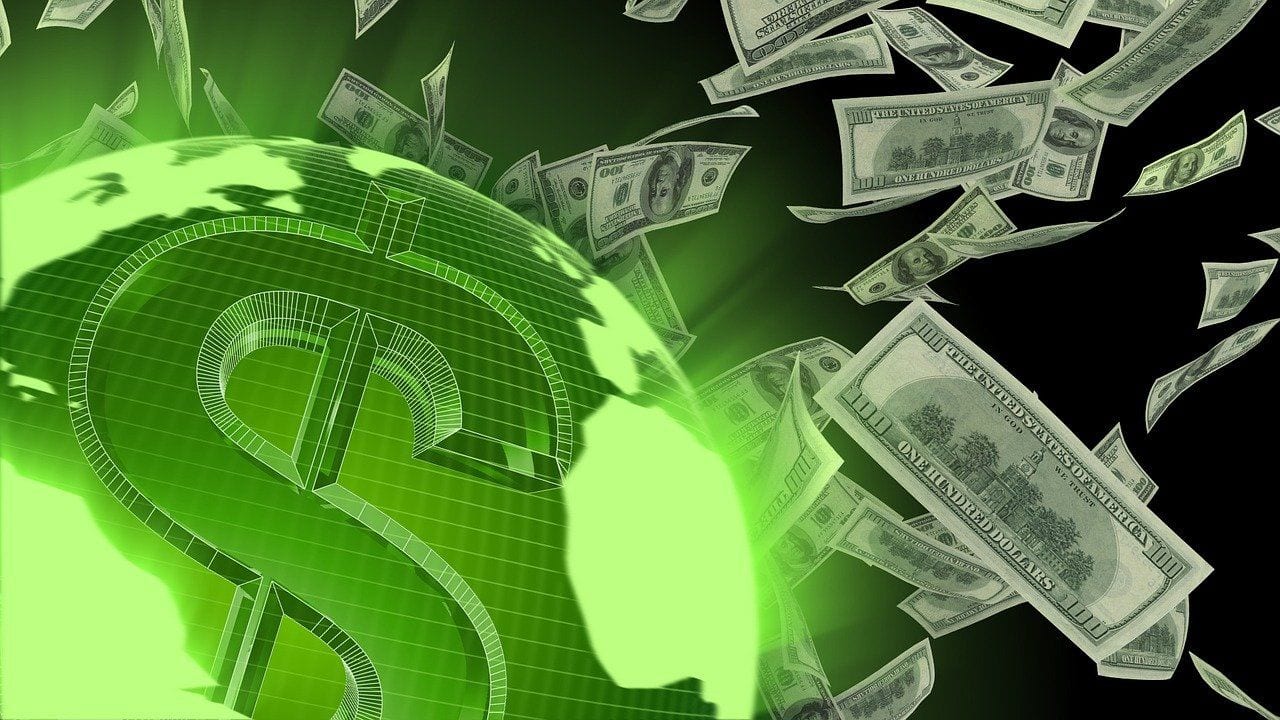 Animated picture of US paper money floating about a green sphere emblazoned with a US dollar sign