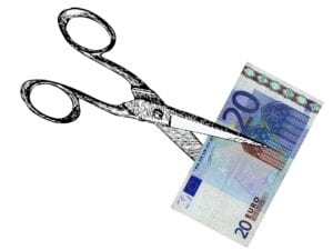 Clipart of scissors cutting a 20-Euro bill