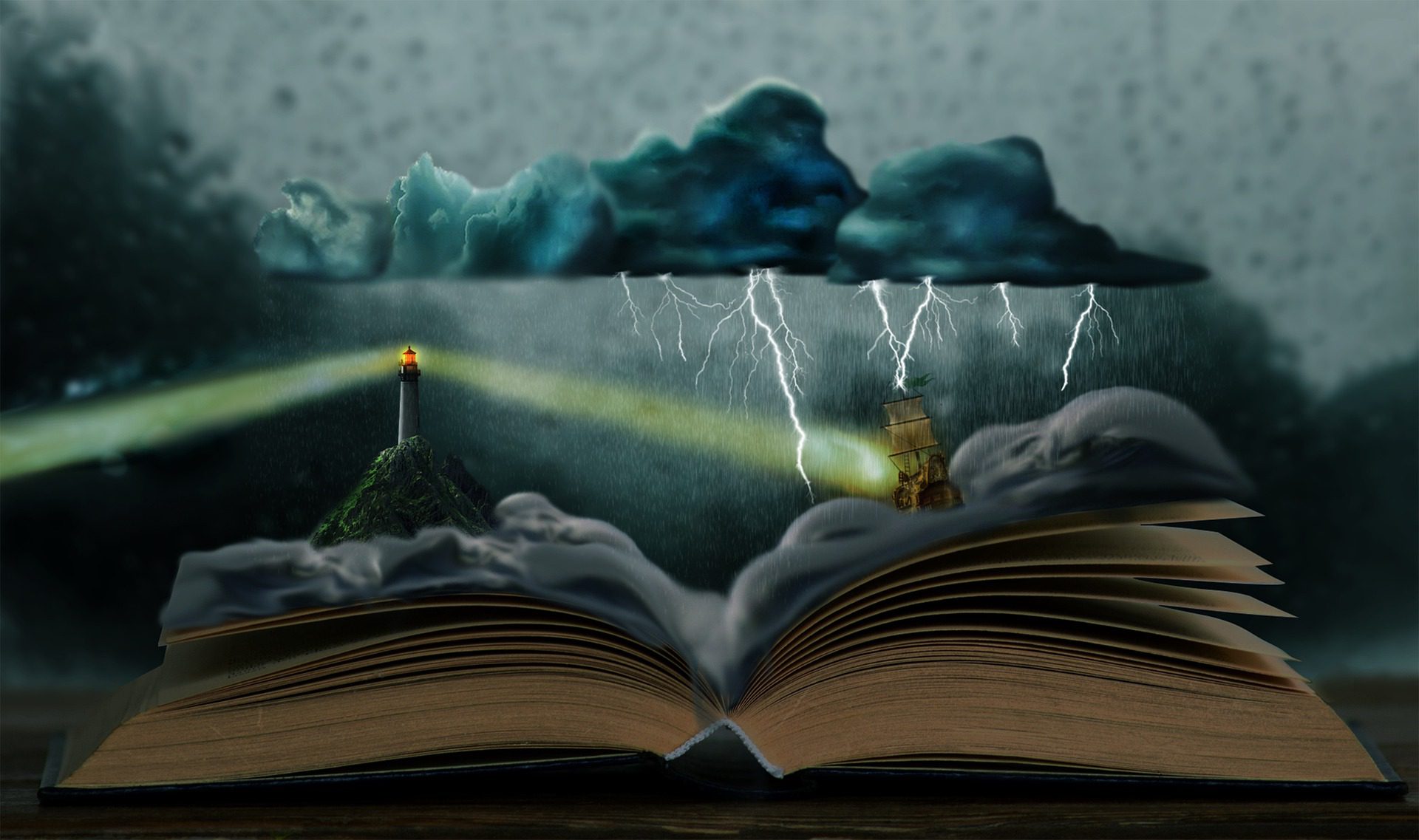 Open book with an image of a ship on rough seas to the right and a lighthouse to the left.