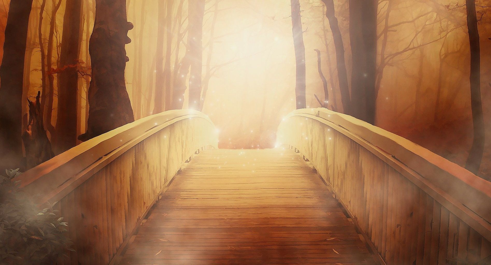 A wooden bridge illuminated at the end.